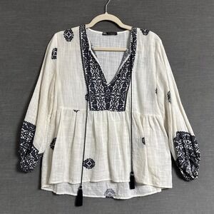 Zara Top XS Off White Blue Boho Peasant Tassel Balloon Tiered Festival Western